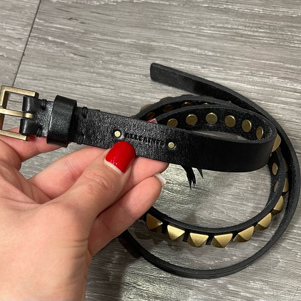 All Saints Black Leather Belt with Gold Studs